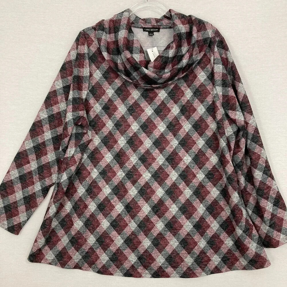 New Lane Bryant Gray Burgundy Plaid Cowl‎ Neck Stretch Knit Cozy Top size 18/20